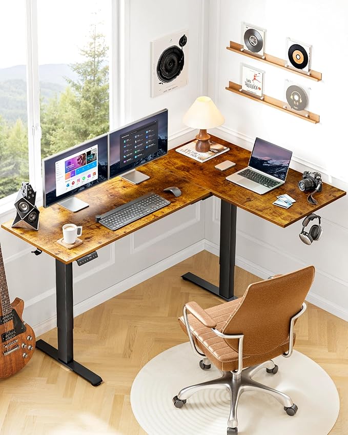 HUANUO 71x48 inch Dual Motor L Shaped Electric Standing Desk with 3 Preset Heights, Electric Height Adjustable Computer Table, 2 Hooks & Cable Tray, Raising Desk for Home Office, Vintage Brown