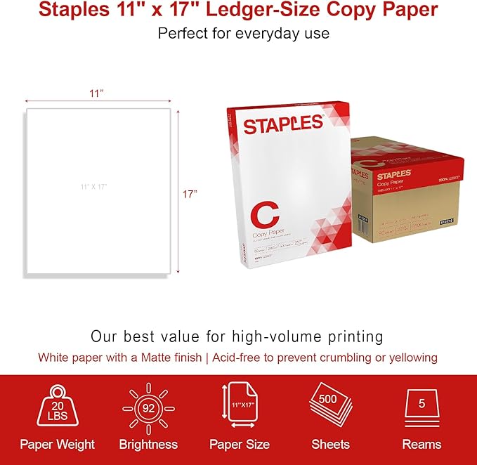 Staples Copy Paper, 11" x 17", 92 Brightness, 20 lbs., Ledger Size Paper (500 Sheets/Ream, 5 Reams/Carton)