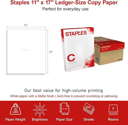 Staples Copy Paper, 11" x 17", 92 Brightness, 20 lbs., Ledger Size Paper (500 Sheets/Ream, 5 Reams/Carton)