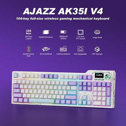 Ajazz AK35I V4 Customizable Wireless Gaming Mechanical Keyboard, Wired/Wireless 2.4G/BT, Gasket Structure, 10000mAh Battery, Full-Color RGB, 1.14-inch Color Screen, Knob, Multi-Function Keys.