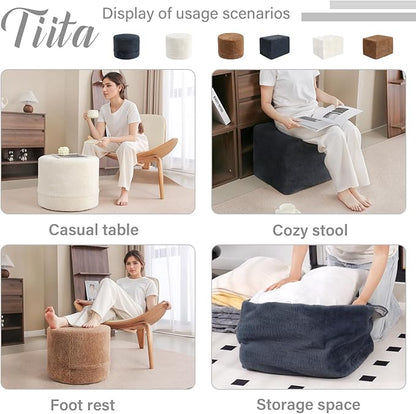 Tiita Round Stuffed Pouf Ottoman, Plush Poufs with Foam Chunk Filling, Foot Rest Stool for Living Room, Cream
