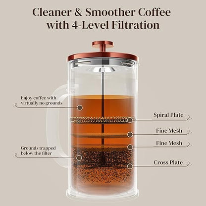 Veken French Press Coffee Maker 34oz 1 L, No Plastic Touching Cafe, Heat Resistant Thickened Borosilicate Glass, Stainless Steel Brewer, Cold Brew Cafetera Teapot for Kitchen Travel Camping, Copper