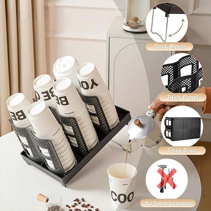Paper Cup Dispenser, Cup and Lid Holder with 6 Slots, Disposable Coffee Cup Storage Organizer for Countertop, Office, Home, Breakroom, Restaurant, Coffee Station (Black)