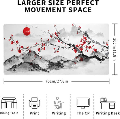 Japanese Cherry Blossom Gaming Mouse Pad 27.6x11.8 Inch Pink Full Desk Sakura Large Non-Slip Rubber Base Waterproof Big Keyboard Mat With Stitched Edges for Office