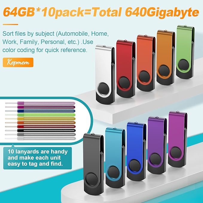 Kepmem Flash Drive 64GB Pack of 10 Thumb Drives Bulk 64 Giga USB Drives Value Metal USB 2.0 Memory Sticks Swivel Pen Drive 64 GB Portable Jump Drive Colorful Multipack Zip Drives for Data Storage