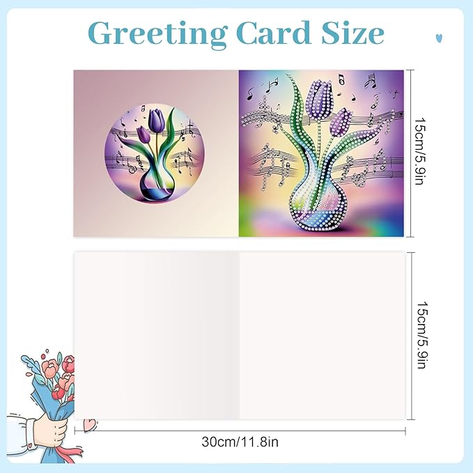 jinglinhh 12pcs Diamond Art Painting Romantic Rose Tulip Flower Bouquet Musical Notes Greeting Cards with Envelopes, DIY Card Making Kits for Adults, Diamond Art Postcards Christmas Cards Craft Gifts