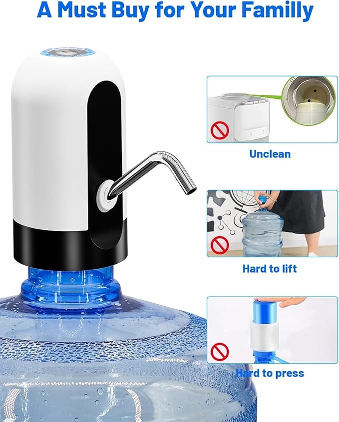 Myvision Water Dispenser for 5 Gallon Bottle,Portable USB Charging Electric Water Pump, Drinking Water Jug Pump for Home, Kitchen, Living Room, Office,Camping,Universal for 3-5 Gallon (White)