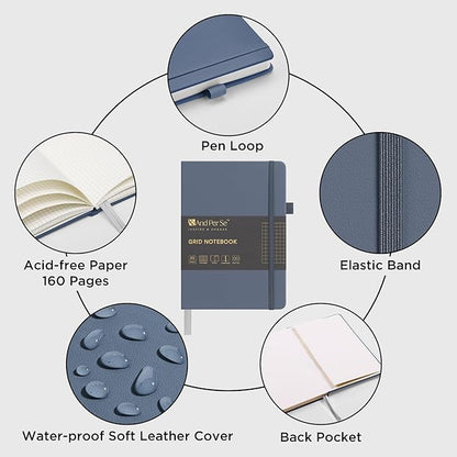 160 Pages, A5 5.7 x 8 inches 100 gsm Thick Paper Notebook Journals for Writing, Grid Hardcover Notebook(1 Pack, Dark Blue)