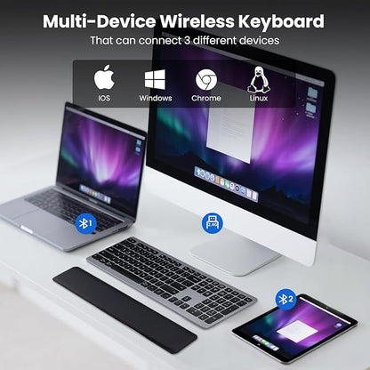 Wireless Keyboard, Bluetooth Keyboard with Leather Palm Rest, Backlighting, Multi-Device Pairing, USB C Rechargeable, for Windows, Mac, iOS, Android, Chrome, Office, Students, Long Hours Typing