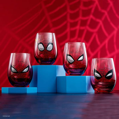 JoyJolt Marvel Spider-Man Spidey-Sense Stemless Drinking Glasses, 19oz Superhero Glass Tumblers, Set of 4 Drink Glasses, Marvel Gifts for Men and Women