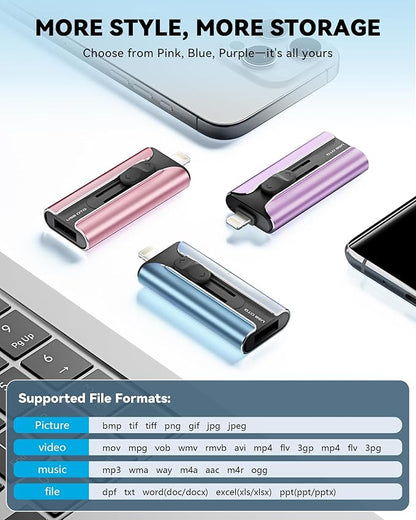 MFi Certified Flash Drive 512GB for iPhone Thumb Drive Photo Stick, High Speed USB Memory Stick iPhone Flash Drive for Photos Videos, External Storage Jump Drive for iPhone/iPad/Android/PC (Blue)