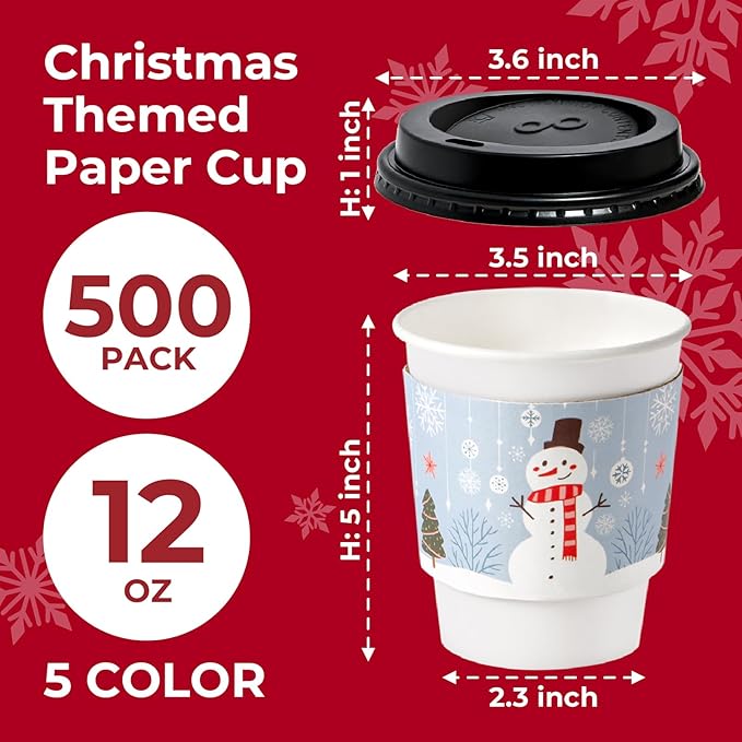 Fit Meal Prep 500 Pack 12 oz Christmas Disposable Coffee Cups with Lids, Sleeves, Leak-Proof To Go Coffee Cups with Lids, Durable Holiday Paper Cups for Hot Beverage, Home, Office, Party