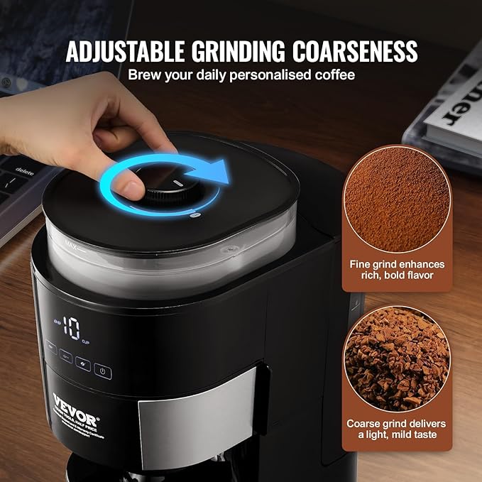 VEVOR Coffee Maker with Grinder, 10 Cup Coffee Machine, Grind and Brew Coffee Maker with 3 Brew Strength Control, Adjustable Grinding Coarseness, for Home Office Restaurant