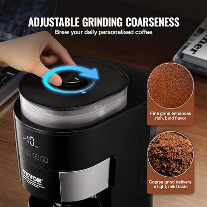 VEVOR Coffee Maker with Grinder, 10 Cup Coffee Machine, Grind and Brew Coffee Maker with 3 Brew Strength Control, Adjustable Grinding Coarseness, for Home Office Restaurant