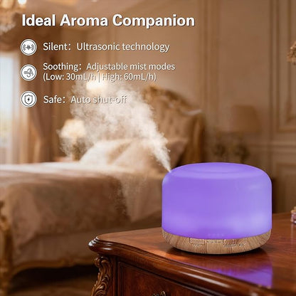 500ML Essential Oil Diffuser, Home Aroma Diffuser, Humidifier for Bedroom Large Room, Quiet 5-in-1 Humidifier: 7 Color LED, 2 Mist Mode, Remote Control, Timer, Waterless Auto Off-Wood Bottom