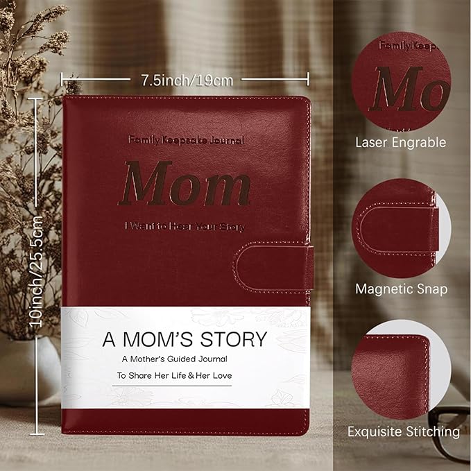 Artmag Mom's Life Story Journal with 250+ Prompt Questions, Family Keepsake Book Leather Cover for Mom to Share Her Memories for Birthday Mother's Day Christmas (Red)
