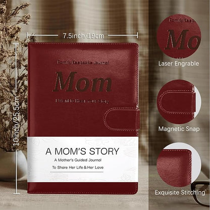Artmag Mom's Life Story Journal with 250+ Prompt Questions, Family Keepsake Book Leather Cover for Mom to Share Her Memories for Birthday Mother's Day Christmas (Red)