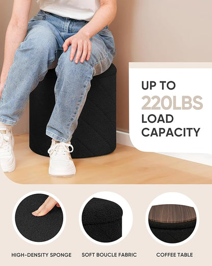 B FSOBEIIALEO Ottoman with Stroage, Boucle Round Storage Ottoman with Tray,Foot Rest Stool for Dorm Room, Living Room Black, 12.99"x12.99"x13.78"