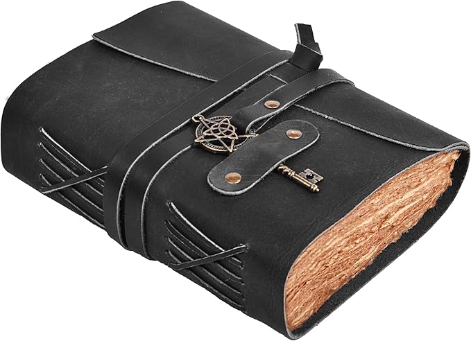 LEATHER VILLAGE Leather Bound Vintage Journal for Women & Men - 7"X5"(A7), Distressed Black, 200 Pages of Handmade Deckle Edges Watercolor Paper - Antique Lock Closure - Book of Shadow