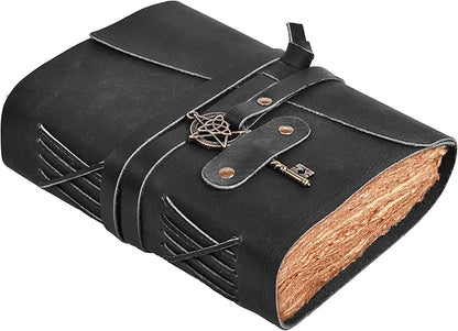 LEATHER VILLAGE Leather Bound Vintage Journal for Women & Men - 7"X5"(A7), Distressed Black, 200 Pages of Handmade Deckle Edges Watercolor Paper - Antique Lock Closure - Book of Shadow