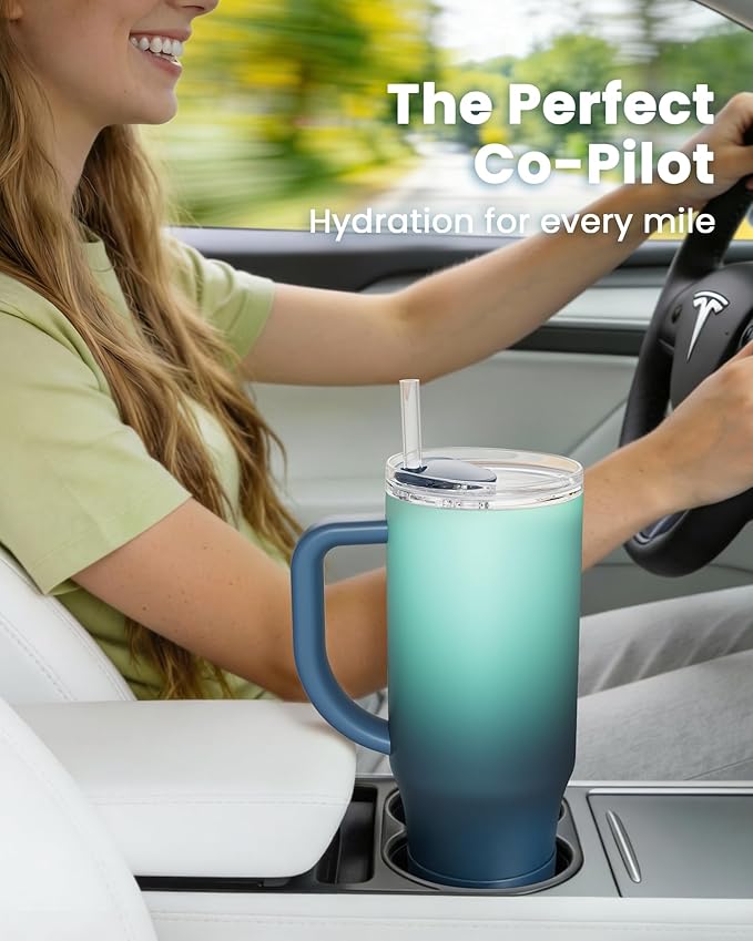 Renoj Tumbler with Handle 100% Spill Resistant Insulated Water Bottle for Iced Coffee & Hot Drinks - Fits Car Cup Holder, Ideal Gift, 2 Straws & Silicone Boot BPA-Free - FlexSlide Blue Gradient 40 oz