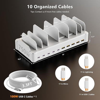 750W Charging Station for Multiple Devices, 10-Port Fast Charger, 5 USB-C 120W Each and 5 USB-A 30W Each, Desktop Charging Hub for Laptop Phone Tablet, White