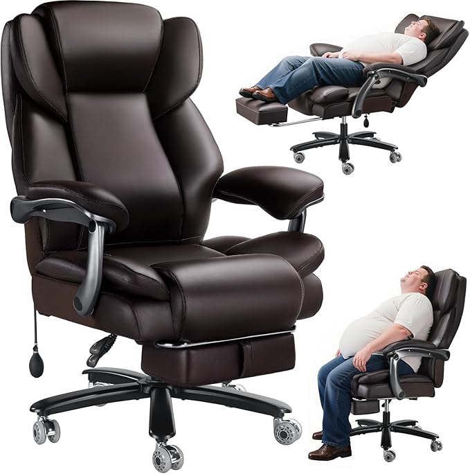 600lbs Big and Tall Office Chair for Heavy People,Heavy Duty Comfy Executive Office Desk Chair with Adjustable Lumbar Support,High Back Reclining PU Leather Computer Chair,Metal Base (Classic, Brown)
