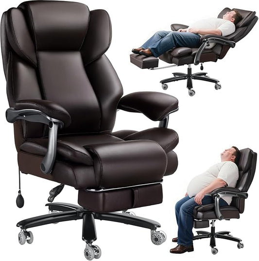 600lbs Big and Tall Office Chair for Heavy People,Heavy Duty Comfy Executive Office Desk Chair with Adjustable Lumbar Support,High Back Reclining PU Leather Computer Chair,Metal Base (Classic, Brown)