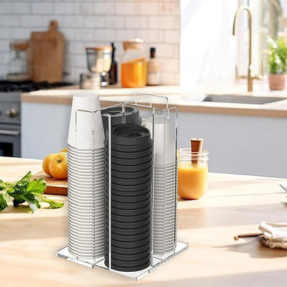 Tirifer Cup and Lid Holder, Coffee Cup Dispenser, Acrylic Cup Storage Organizer, Disposable Paper Cup Storage Holder with 4 Compartments for Countertop Coffee Station Bar Restaurant, Clear