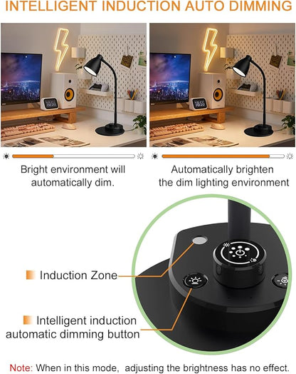 BOHON LED Desk Lamp with USB Charging Port 3 Color Modes Dimmable Reading Light Intelligent Induction Auto Dimming Task Lamp Neck Flexible Table Lamp for Bedside Office, AC Adapter Include
