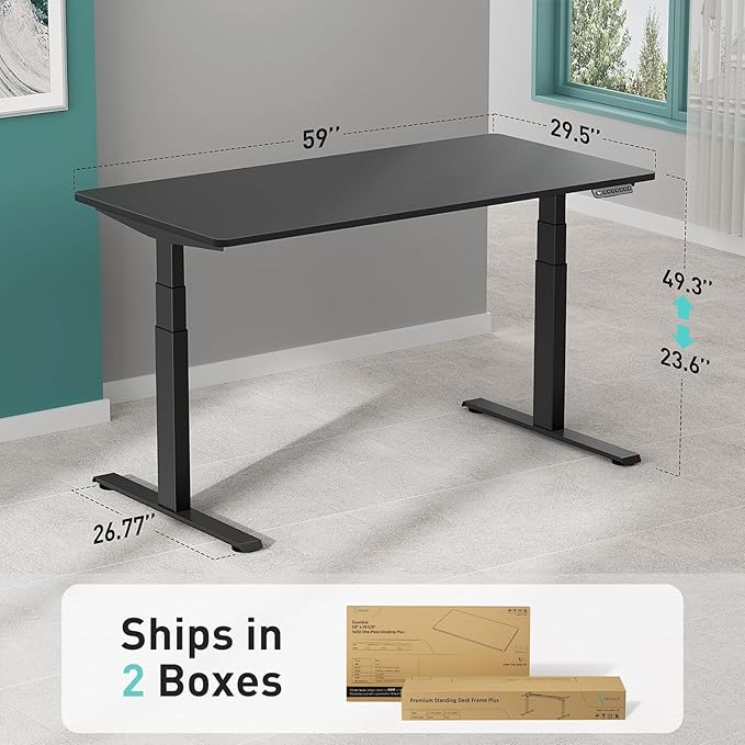 Pro 3 Stages Dual Motor 59 x 30 in Electric Standing Desk with One Piece Desktop, Adjustable Height, Sit to Stand Up Desk for Home Office, Work Study, Black Frame & Black Desktop (2 Packages)