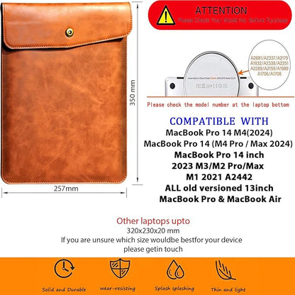 Genuine Leather Laptop Sleeve Compatible with MacBook Pro 14 Inch M4 M3 M2 Pro/Max 2023 & M1 Case,Slim and Durable Waterproof Vertical Laptops Bag for 14 Inch Notebook Computer Cover,Brown