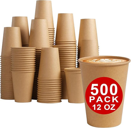 Lamosi 500 Count 12 oz Kraft Paper Cups, Disposable Hot/Cold Paper Coffee Cups, 12 Ounce Beverages Cups, Water Cups for Party Picnic Travel and Events