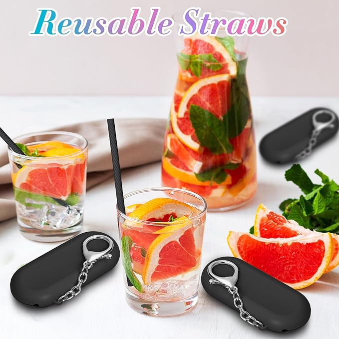 Meanplan 4 Sets Cruise Ship Essentials,4 Set Silicone Straws with Case Reusable Silicone Portable Drinking Straw Set for Party Travel Cold or Hot with 4 Carry Case, 4 Cleaning Brushes (Black)