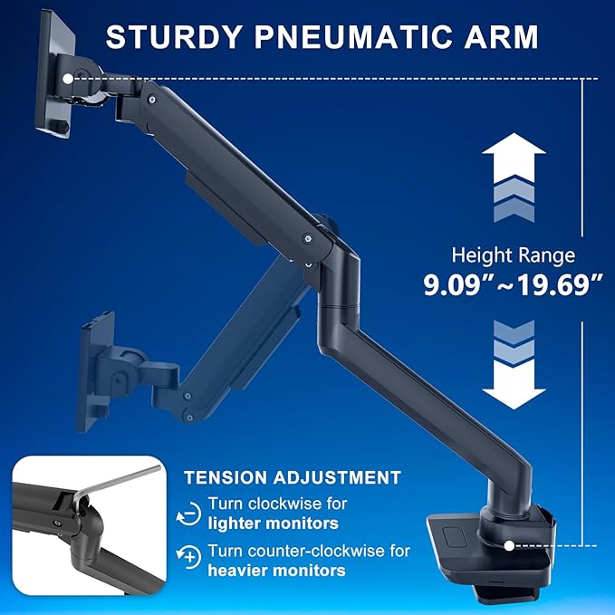 WALI Single Monitor Gas Spring Desk Mount, Heavy Duty Monitor Arm for Ultrawide Screen up to 49 inch, 44 lbs with USB. Fully Adjustable, Mounting Holes 75 and 100 (GSMU001XL), Black