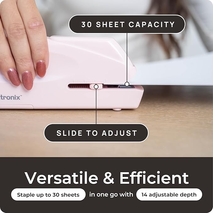 Portable Automatic Electric Stapler Pro - 30 Sheet Capacity, Quiet Operation, Jam-Free and Easy Reload - AC Adapter/Battery Powered (Pink)