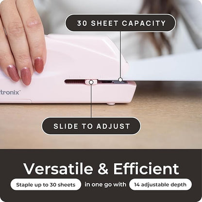 Portable Automatic Electric Stapler Pro - 30 Sheet Capacity, Quiet Operation, Jam-Free and Easy Reload - AC Adapter/Battery Powered (Pink)