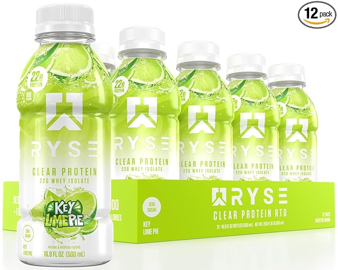 RYSE Clear Protein Drink - Key Lime Pie - 100 Calories, 22g Whey Isolate Protein Shake, Sugar-Free, 0g Fat & Lactose-Free - Refreshing Ready-to-Drink Beverage - 16.9 fl oz Bottles (12-Pack)