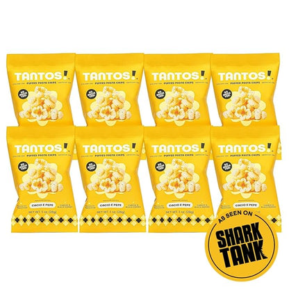 Tantos! Puffed Pasta Chips, Healthy Pasta Snack by Top Chef Joe Sasto, As Seen on Shark Tank, Plant Based, Low Calorie, Crunchy Chips, Variety Pack, Marinara, Pesto, Cacio e Pepe, Classico, Gourmet Bold Flavors, 1 oz 8 Pack of Cacio e Pepe