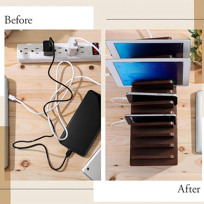 Bamboo Charging Station for Multiple Devices, Cell Phone Docking Charging Station Organizer and Cord Organizer for 10 Devices for Power Strip Storage, Phones and Tablets(Brown)