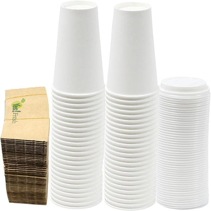 Yes!Fresh Disposable Paper Coffee Cups – To-Go Cups with Lids & Sleeves (Selected Sizes) – For Office, Parties, Home, Travel (White 16 oz 50 count)