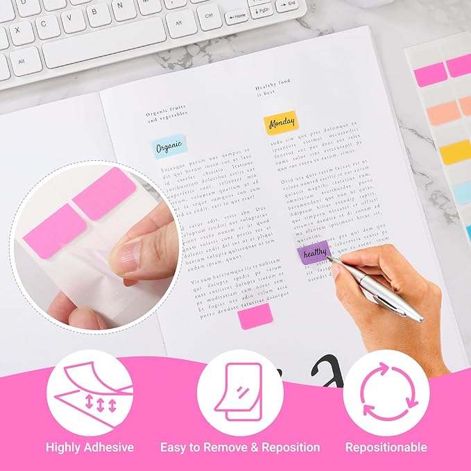 EUSOAR Book Tabs, 480 Pcs 1x1.1 Inch Assorted Pastel Colors Sticky Tabs for Notebooks Repositionable Page Markers, Self Adhesive Annotation Stickers Clear Sticky Notes Tab for School Office