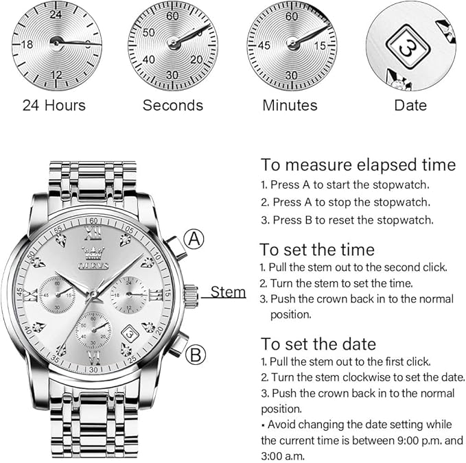 OLEVS Men's Stainless Steel Chronograph Watch, Big Face Gold Silver Black Tone Easy to Read Analog Quartz Watch, Luxury Waterproof Date Diamond Roman Arabic Numerals Dial Dress Watch for Men