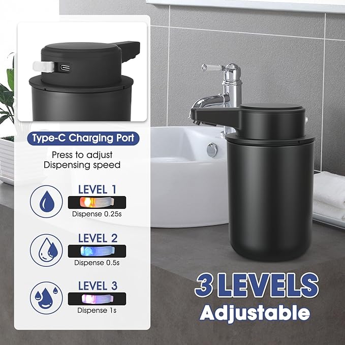 2 Pack Automatic Liquid Soap Dispenser, 10.5oz Touchless Electric Hand Soap Dispenser, Rechargeable Liquid Pump for Bathroom or Kitchen Sink, Waterproof Design (Black)