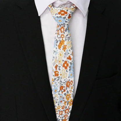 Cotton Floral Ties for Men 2.76" Men's Skinny Tie Linen Flower Printed Neck Tie for Wedding Dating Party