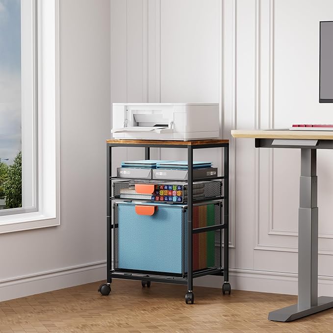 Marbrasse Rolling File Cabinet with Handle, Mobile File Cabinet on Lockable Wheels, Office Filing Cabinet Organizer, Printer Stand with Hanging File Folder Organizer for Home Office - Black