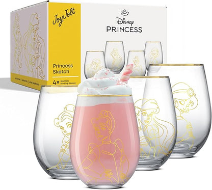 JoyJolt Disney Princess Sketch Stemless Drinking Glasses, 19oz Glass Cups ft Princess Jasmine Ariel Belle Cinderella, Disney Princess Kitchen Glassware Set of 4, Disney Gifts for Adults