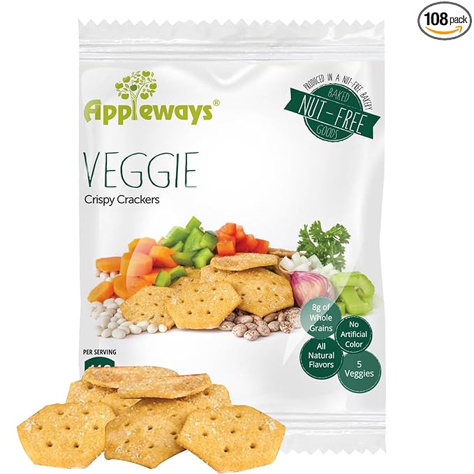 Veggie Crispy Crackers, All-Natural Individually Wrapped Whole Grain Healthy & Crispy Vegetable Crackers, Made in USA, 108 Count, 1.0 Oz by Appleways