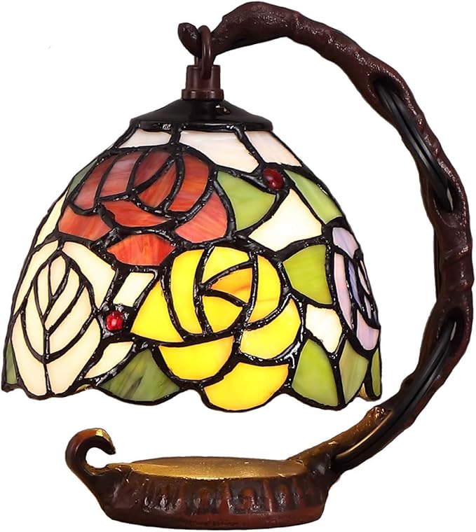Bieye L10036 Rose Tiffany Style Stained Glass Table Lamp with 6-inch Wide Lampshade Hanging on The Cast Iron Base (Pink)