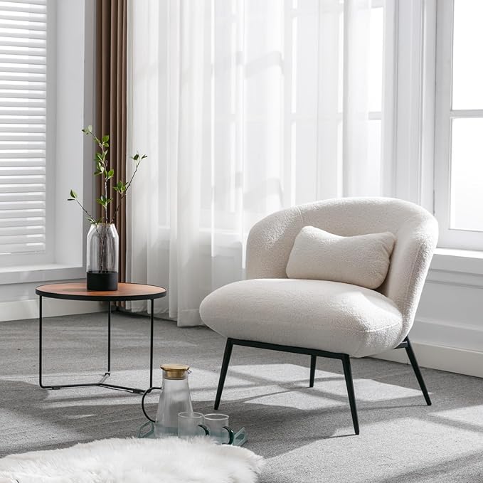 Modern Accent Chair, Upholstered Sherpa Fabric Side Chair With Small Pillow, Black Metal Legs, Comfy Lounge for Living Room Bedroom, White